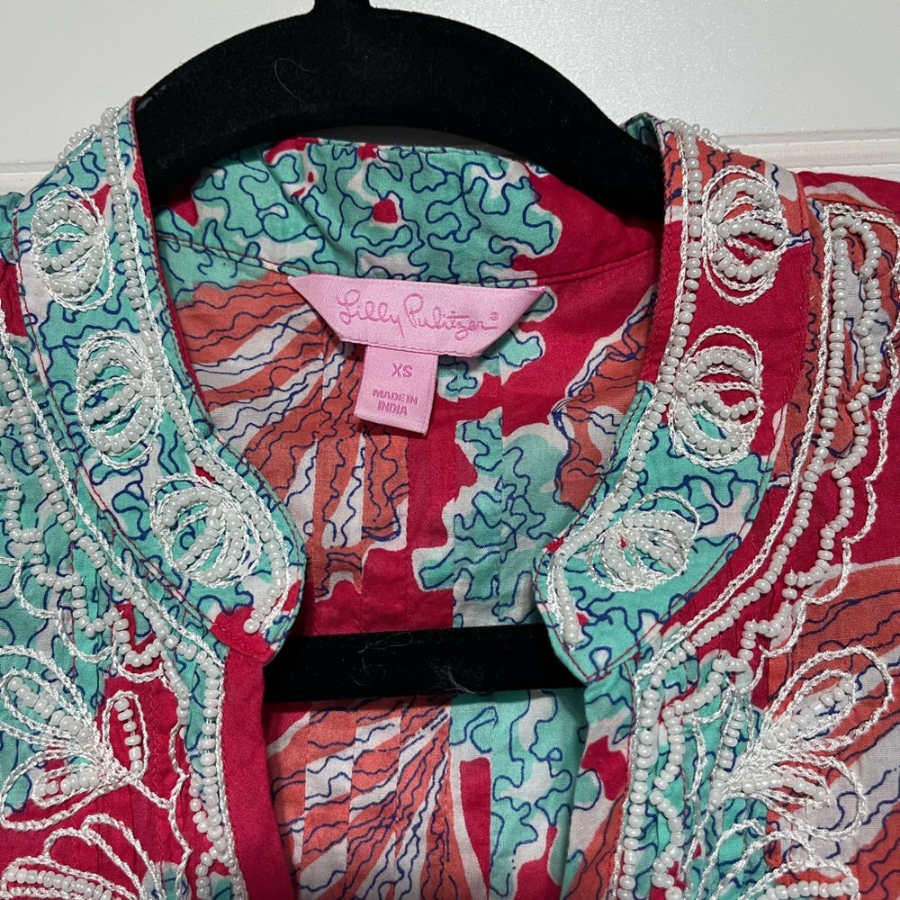 Lilly Pulitzer Women's Beaded Tunic Top, pink and blue, cover up, preppy, XS - Picture 3 of 9